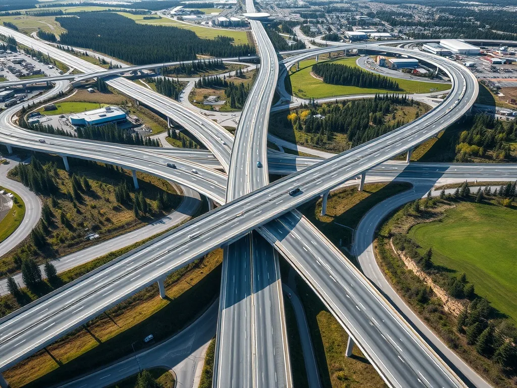High-angle technical shot of a modern highway interchange in