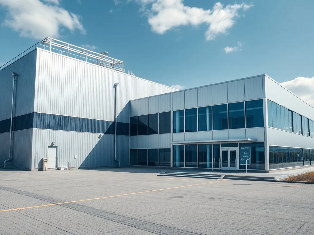 A professional clean wide shot of a modern industrial facili