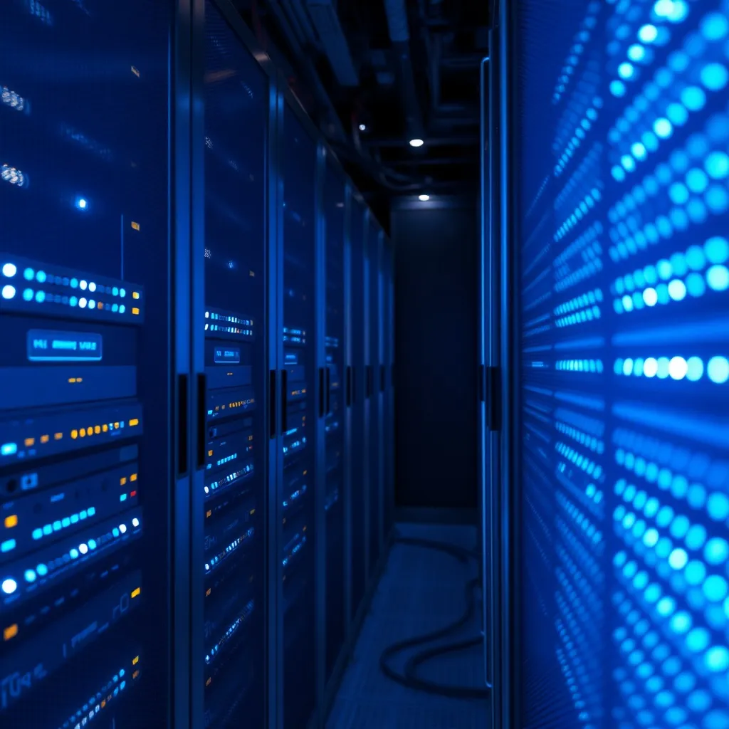 Close up of high-tech server room with blue LED lights, tech