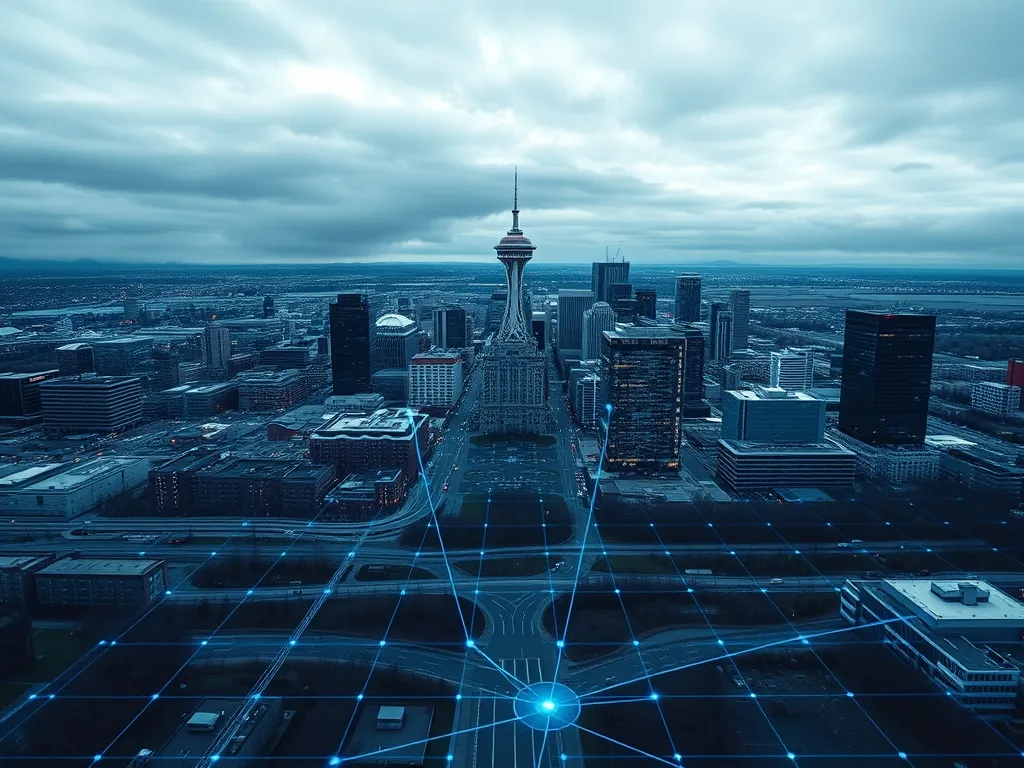 A technical wide-angle photo of Edmonton city skyline with a