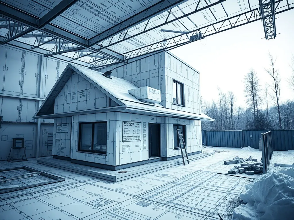 A technical architectural blueprint of a modern house constr