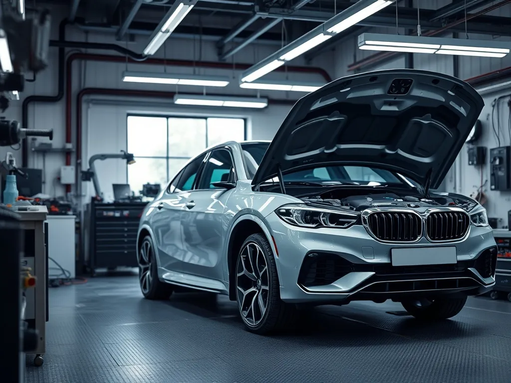 A modern car under repair in a high-tech clean garage, techn