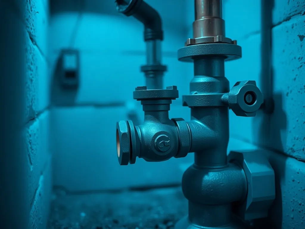 A technical macro shot of a backwater valve and sump pump sy